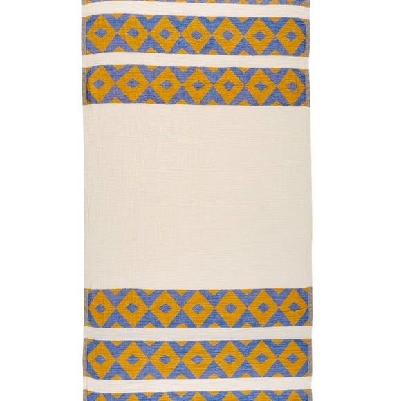Quilted Boho Tablecloth Loom Weave Organic Cotton Blue Gold Cream Tablescape - Picture 5 of 10